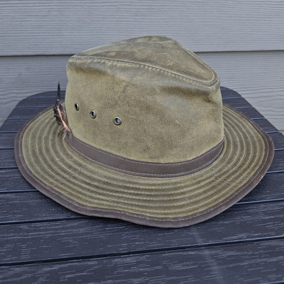 Outback Trading Company Madison River Oil Skin Hat Green Brown Feather Size LG - Picture 1 of 12